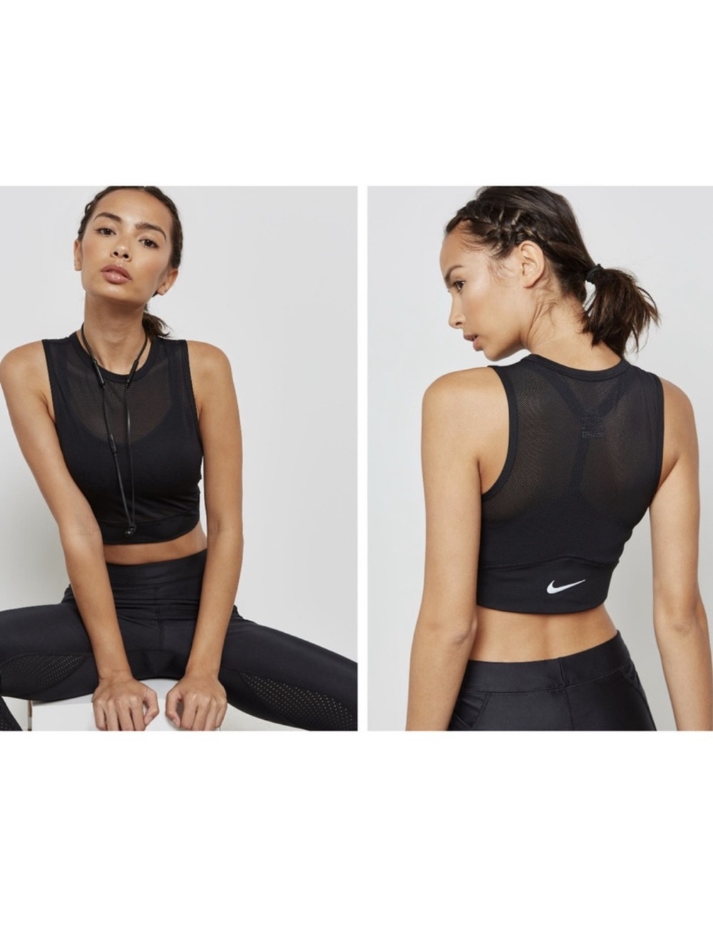 Nike Black Mesh Crop Tank with White Swoosh